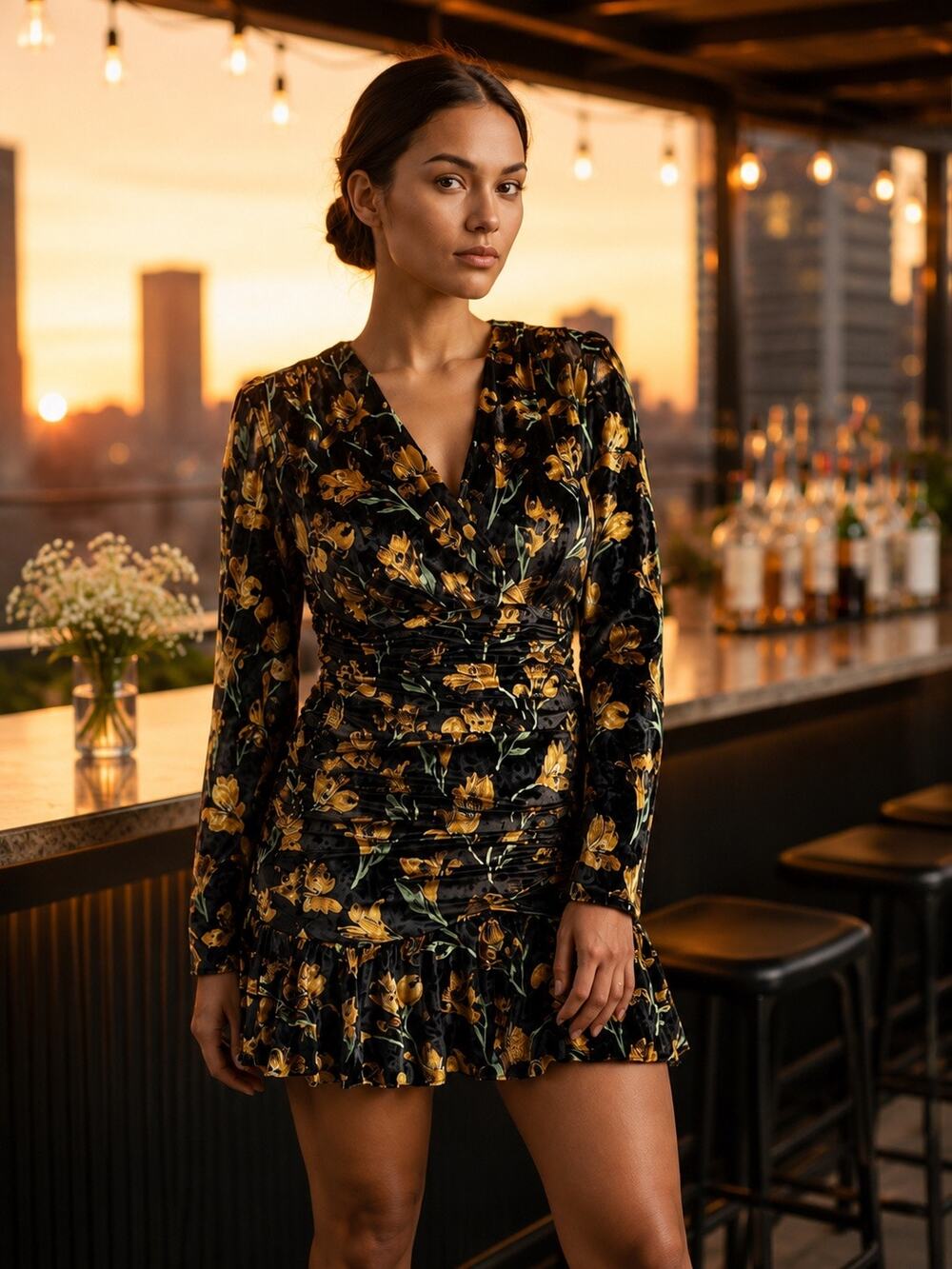 Delfi Velvet Floral Cocktail Dress Medium Ruched Designer MSRP $398